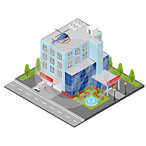 Hospital Building Isometric View. Vector