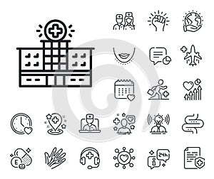Hospital building line icon. Medical help sign. Online doctor, patient and medicine. Vector