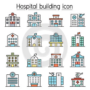 Hospital building, Medical center icon set filled outline style