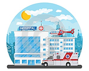 Hospital building, medical icon.