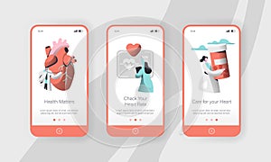 Hospital Cardiology Worker Care Heart Health Mobile App Page Onboard Screen Set Template. Emergency Help First Aid