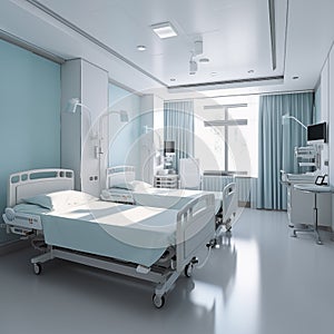 Hospital care room with two empty patient stretchers.