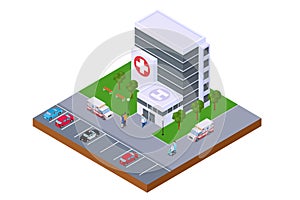 Hospital center, isometric emergency building, vector illustration. Ambulance car near modern clinic, medical service