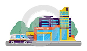 Hospital or clinic building with ambulance car flat vector illustration isolated.