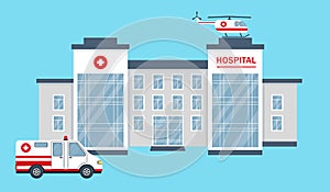 Hospital or clinic building, car and helicopter.