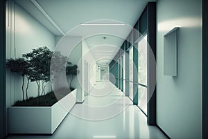 Hospital or clinic corridor waiting area interior, minimalist and clean. Generative AI