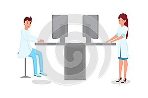 Hospital computerization flat vector illustration. Young male and female doctors, scientists in white coats characters