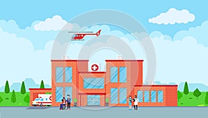 Hospital concept brick building, doctor, nurse, patients, helicopter and ambulance car in flat style