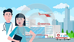 Hospital concept with building, doctor, nurse, patients, helicopter and ambulance car in flat style