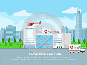 Hospital concept with building, doctor, nurse, patients, helicopter and ambulance car in flat style.