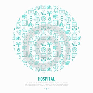 Hospital concept in circle with thin line icons