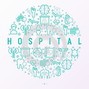 Hospital concept in circle with thin line icons for doctor`s not