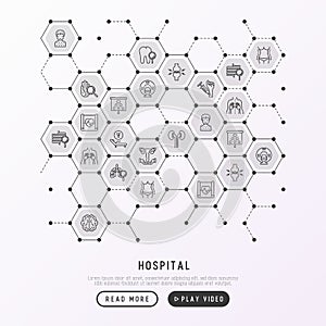 Hospital concept in honeycombs with thin line icon