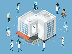 Hospital concept. Isometric doctors, medical equipment and patients. Modern hospital vector illustration