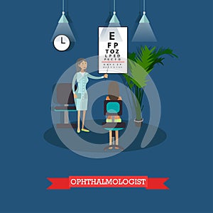 Hospital concept. Ophthalmologist provides medical check up for patient. Vector illustration in flat style