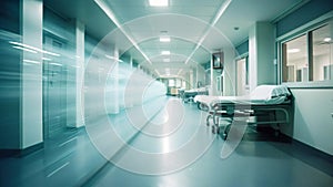hospital corridor with empty bed and blurred background, shallow depth of field, AI Generated