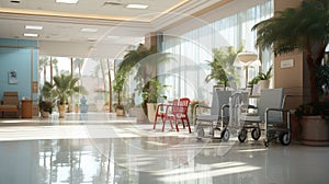 Hospital Corridor with Empty Wheelchair, Reflecting Healthcare and Accessibility Themes.