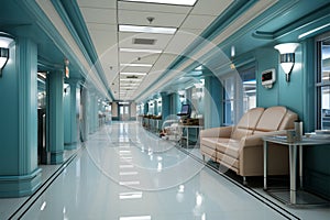 Hospital corridor facilitates access to diverse rooms, embodying medical care