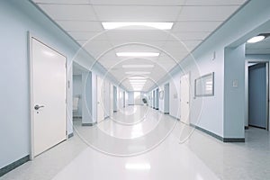 Hospital corridor, interior of modern hospital hallway, hygiene and hi-tech science lab, no people healthcare background.