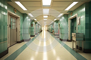 hospital corridor leading to an emergency exit door