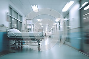 Hospital corridor with patient bed and blurred background, shallow DOF, A motion blurred photograph of a hospital interior, AI