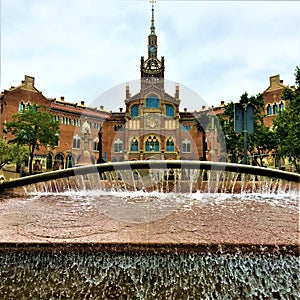 Hospital de Sant Pau, fountain, art and history in Barcelona city, Spain