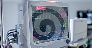 Hospital, digital machine or heart monitor in theater, bcakground or operation room for surgery or cardiology. Clinic