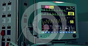 Hospital, digital machine or heart monitor in theater, clinic or operation room for surgery or cardiology. Background