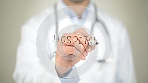 Hospital, Doctor writing on transparent screen