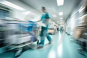 Hospital emergency team rush patient in clinic corridor. Generative AI