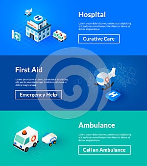 Hospital first aid and ambulance banners of isometric color design
