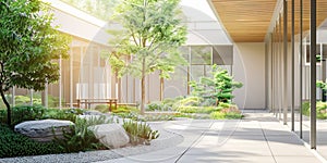 Hospital garden with walkway and seating area