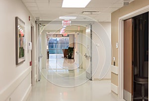 Hospital hallway with bright flourescent lights