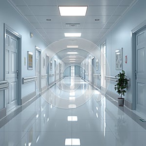 Hospital hallway depicted devoid of activity, conveying peace and stillness