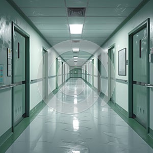 Hospital hallway depicted devoid of activity, conveying peace and stillness
