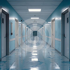 Hospital hallway depicted devoid of activity, conveying peace and stillness