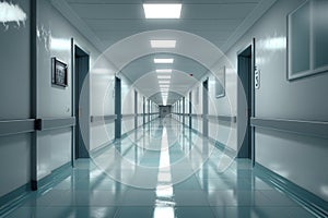 Hospital hallway depicted devoid of activity, conveying peace and stillness