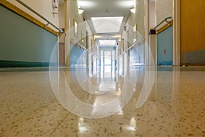 Hospital hallway interior architecture and finishes in corridor