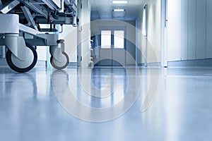 Hospital hallway with a stretcherâ€™s wheels