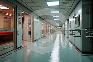 A hospital hallway stretching into the distance, with multiple open doors leading to patient rooms, Hospital surgery corridor, AI