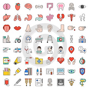 Hospital, health care and pharmaceutical related icon such as organ, certificate, x-ray film, bone fraction, doctor, injection, me