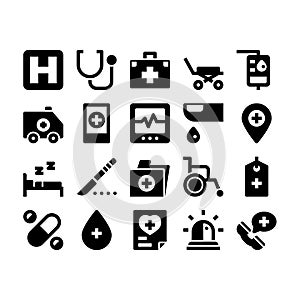 Hospital and healthcare glyph icons