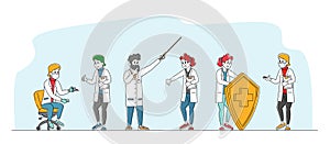 Hospital Healthcare Staff, Doctors in Medical Robe with Syringe, and Clip Boards. Characters in Uniform Holding Shield