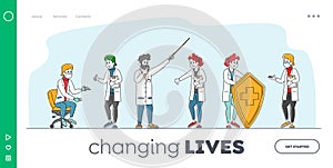 Hospital Healthcare Staff Job Landing Page Template. Doctors in Medical Robe with Syringe. Characters Holding Shield