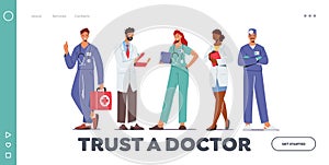 Hospital Healthcare Staff Landing Page Template. Doctor Characters in Medical Robe with Stethoscope Holding Notebook