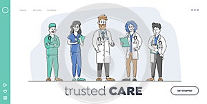 Hospital Healthcare Staff Landing Page Template. Doctors, Nurses Characters in Medical Robe Holding Notebook