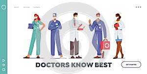 Hospital Healthcare Staff Occupation Landing Page Template. Doctor Characters in Medical Robe with Stethoscope, Notebook