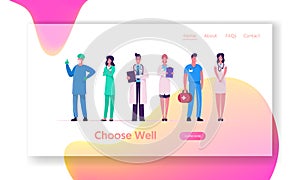 Hospital Healthcare Staff Website Landing Page. Doctors in Medical Robe with Stethoscope, Surgeon and Nurses