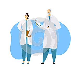 Hospital Healthcare Staff at Work, Male Doctor in Medical Robe with Stethoscope Speaking with Nurse Holding Notebook