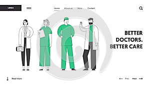 Hospital Healthcare Staff at Work Website Landing Page. Doctors and Nurses Stand in Row Speaking and Communicating